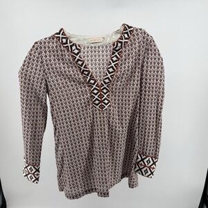 Tory Burch Printed Tunic Top Women's Size 6 Boho Embroidered Long Sleeve Resort